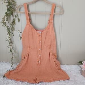 Anthropologie Gauzy Utility Romper Cedar Button Front Pocket Sleeveless M